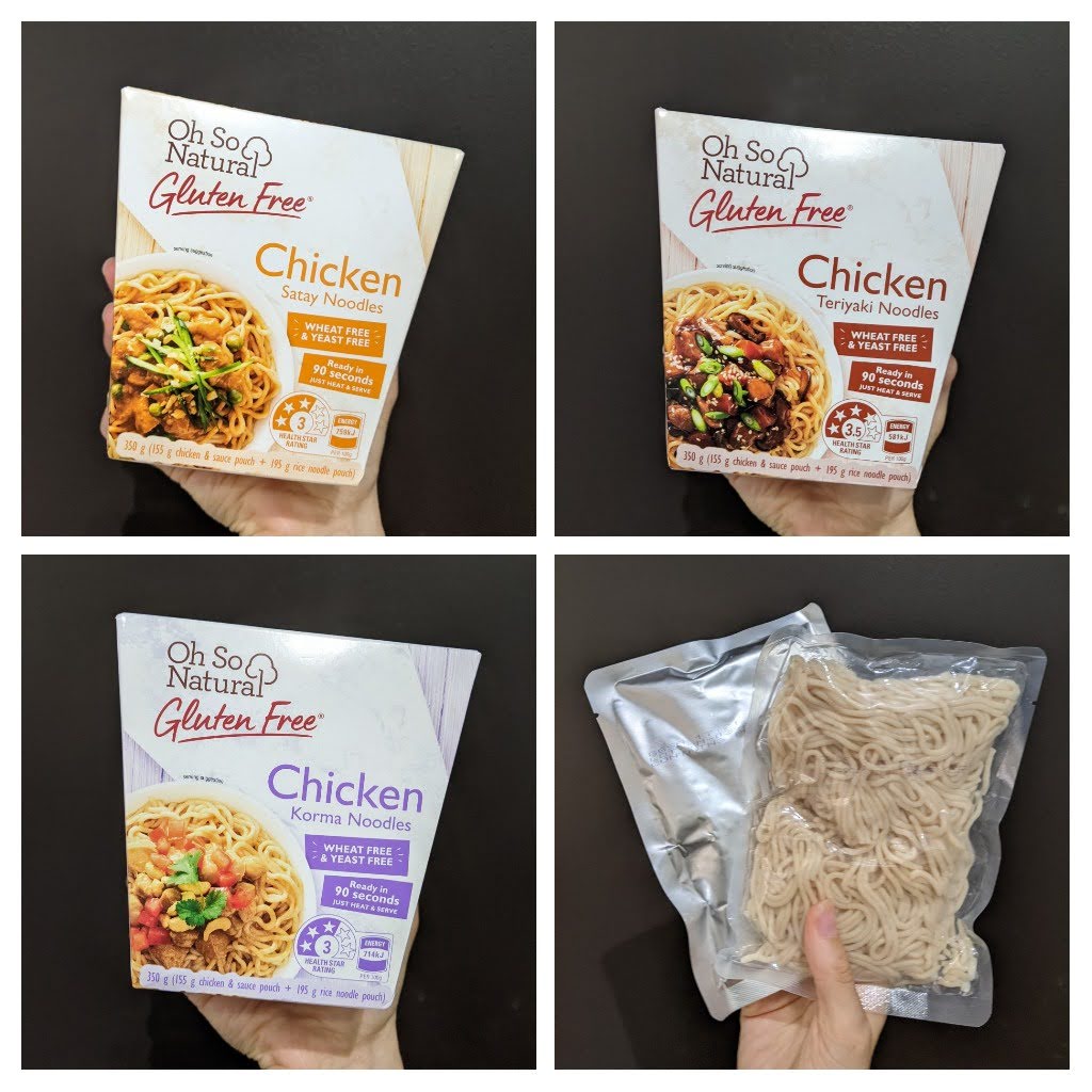 Aldi oh so natural gluten free noodle kits. Pictured are chicken satay, chicken teriyaki and chicken korma.