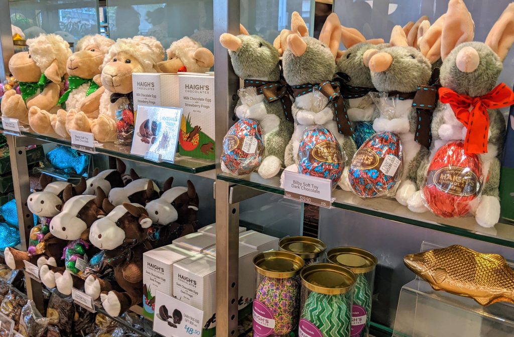 A selection of soft toys with chocolate eggs at Haighs.