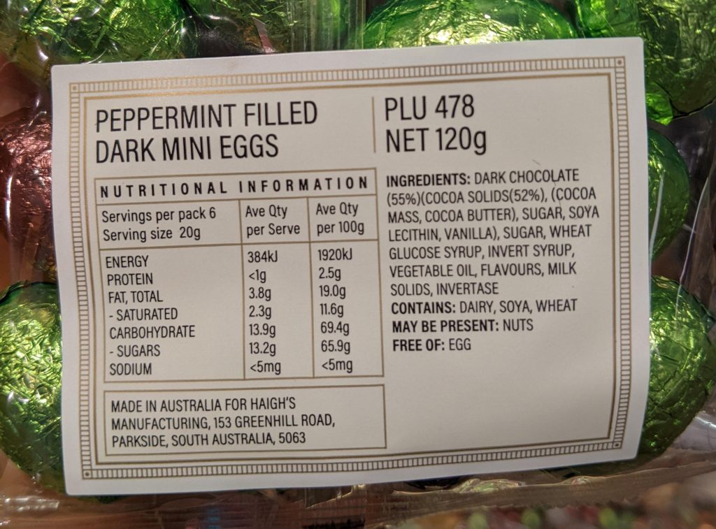 The ingredients for Haigh's peppermint filled dark mini eggs. It notes contains wheat however it is only wheat glucose syrup.