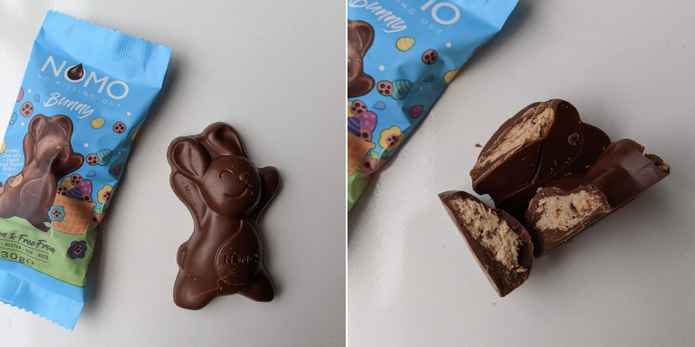 The NOMO cookie dough bunny out of the packet and a shot of its filling, it's generously filled with a cookie dough centre.