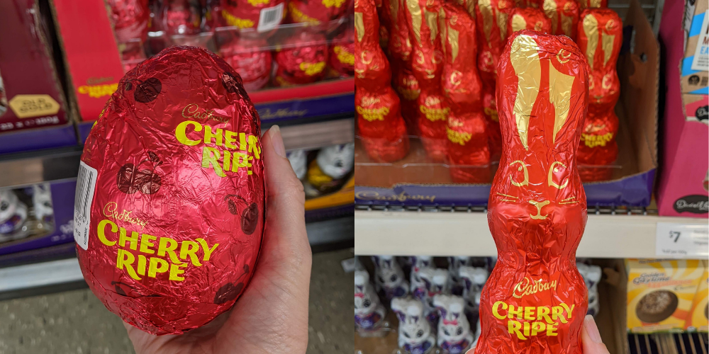 Side by side the Cherry Ripe egg and Cherry Ripe bunny. Both are gluten free.