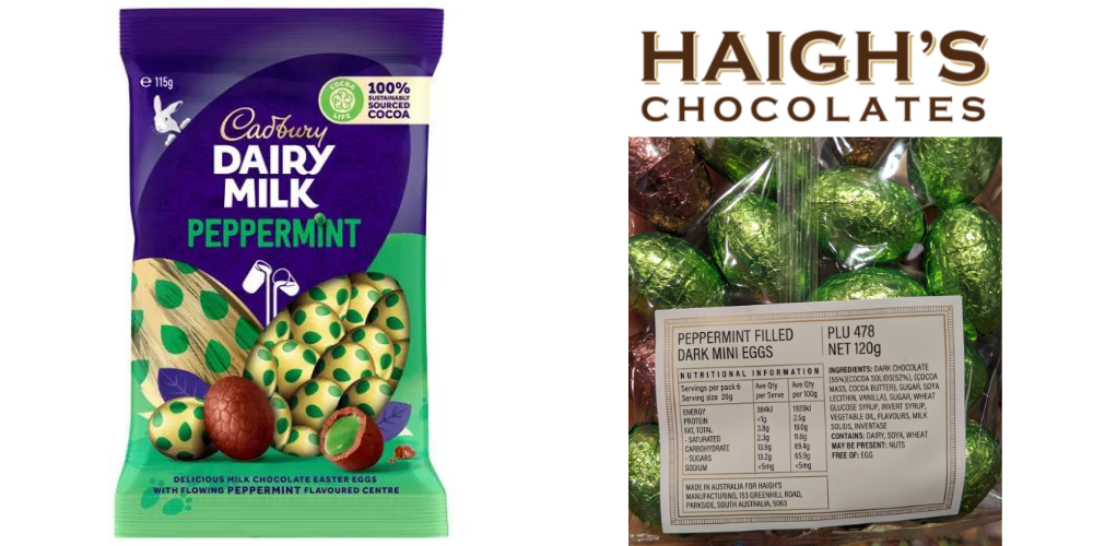 A bag of Cadbury peppermint milk chocolate eggs and a bag of Haigh's peppermint dark chocolate eggs. 