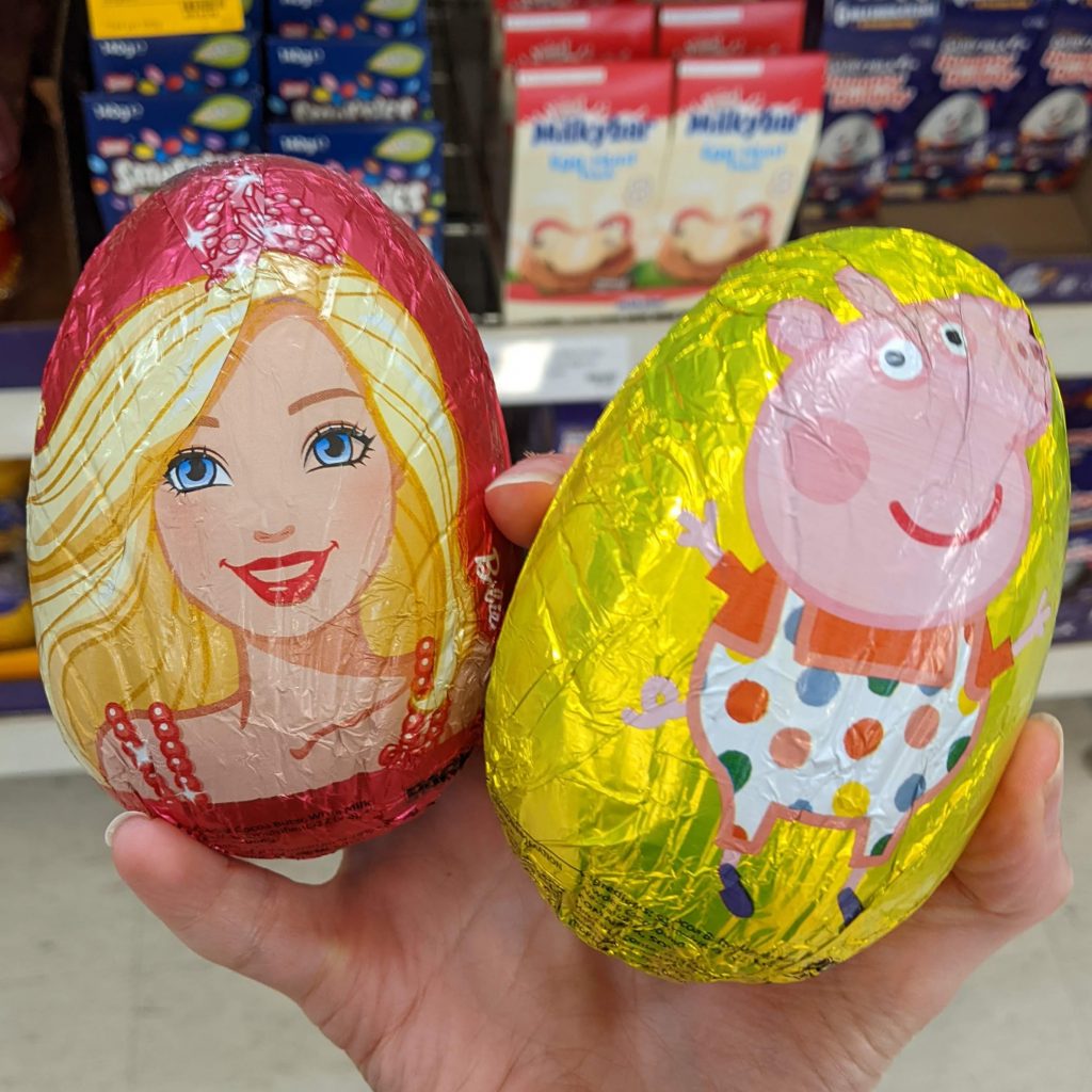 Character eggs, shown are Barbie and Sponge Bob.