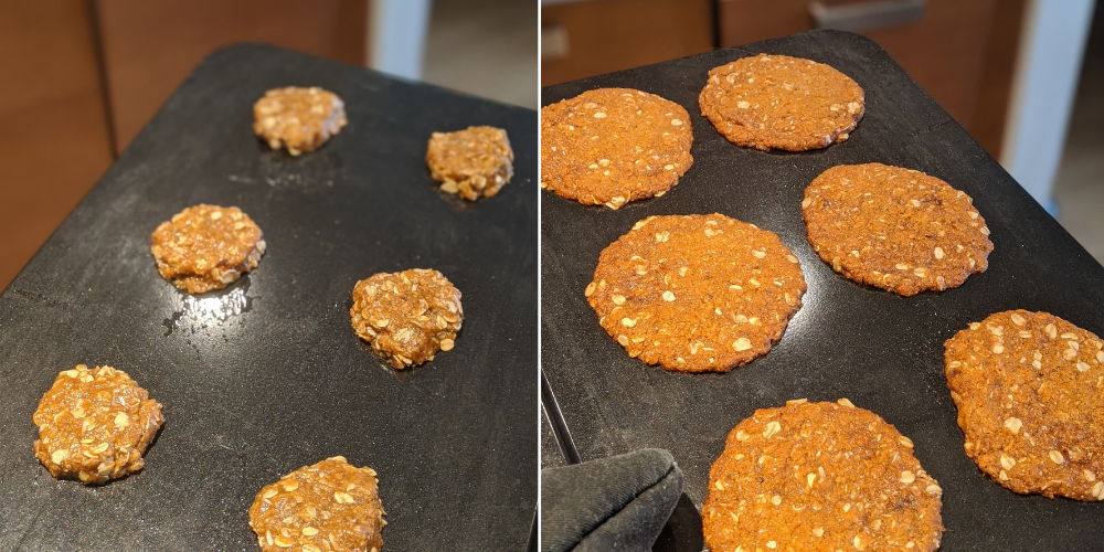 Gluten free ANZAC biscuits before and after baking. Initially three centimetres wide they double in size to the palm of your hand.