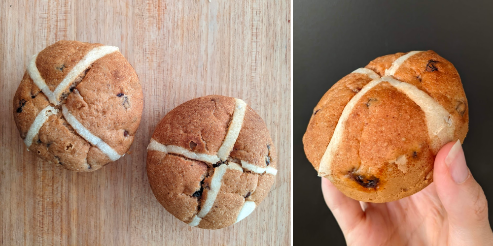 Lifestyle Bakery gluten free hot cross buns are round and come in a packet of three.