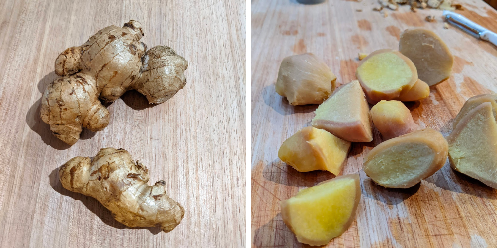 Two images. Ginger whole. Ginger cut and peeled.