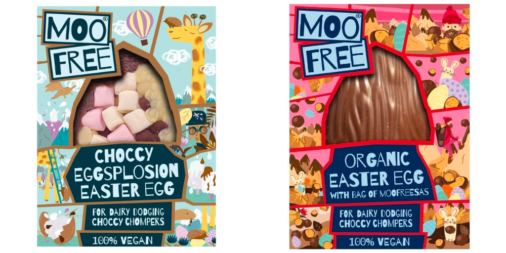 Two Moo Free brand eggs, choccy eggsplosion has marshmallows and the orange easter egg comes with moofreesas, GF, DF malteasers
