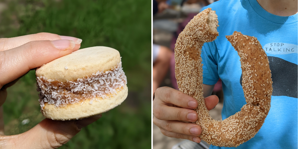 Two images: a gluten free alfajor and a gluten free koulouri / simit - a loop of bread coated in sesame seeds.