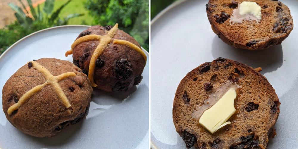 Wholegreen's gluten free hot cross buns, the right image shows them cut open displaying an even distribution of fruit / chocolate chips. 
