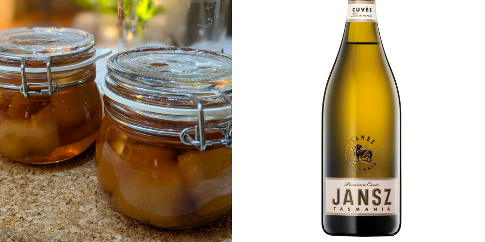 Two images. Ginger in syrup. Sparkling wine.