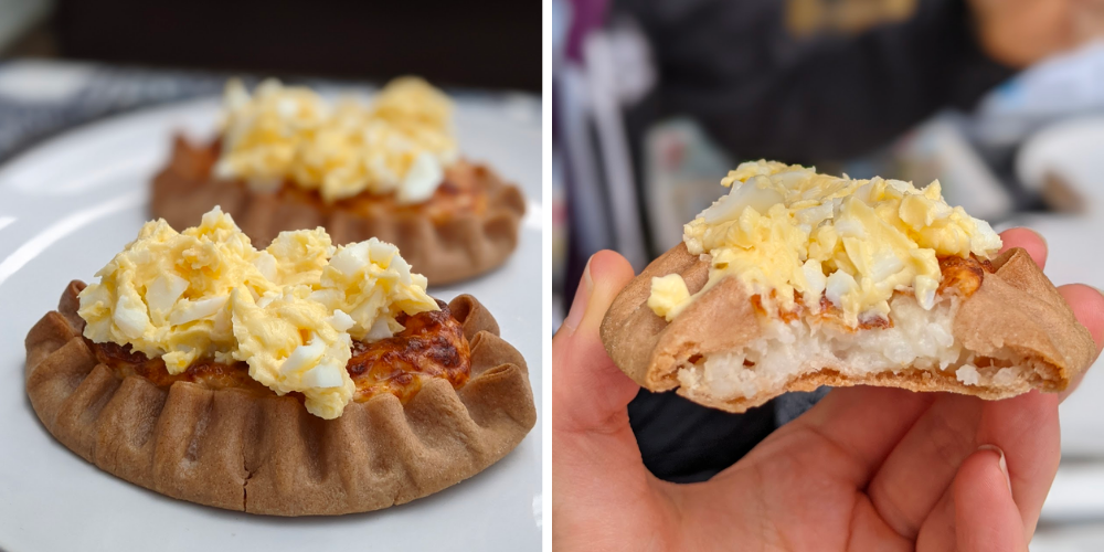 Two images. Karelian pies topped with egg butter. The inside of a pie showing the thin pastry and gooey soft rice inside.