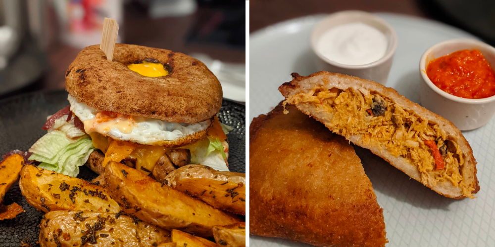 Two images. A burger served in a bagel with fried egg and wedges. A pierogi cut open to reveal shredded chicken.