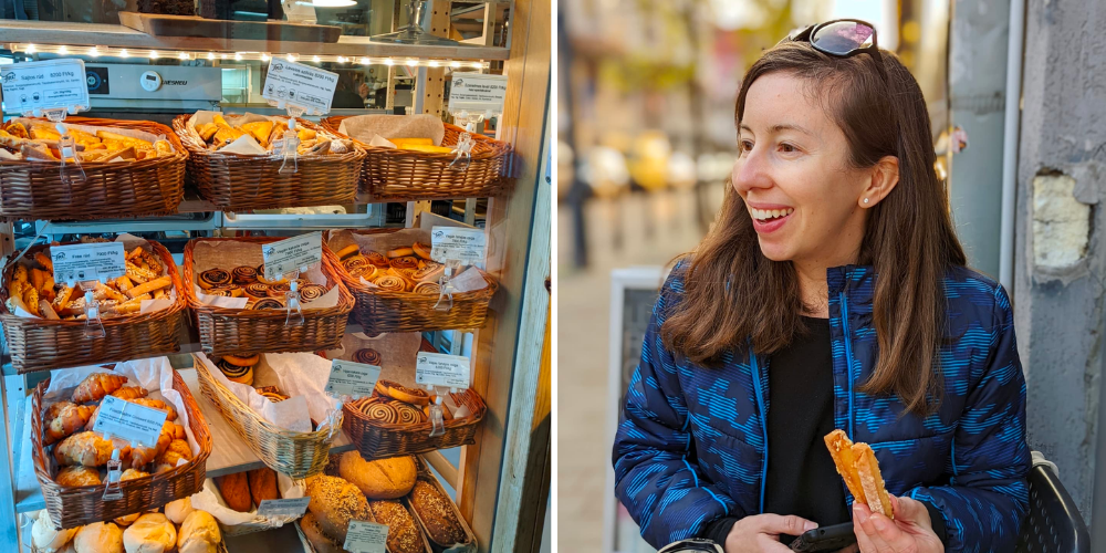 Two images. Baskets full of gluten free baked goods. Second, a woman sitting in Budapest. 