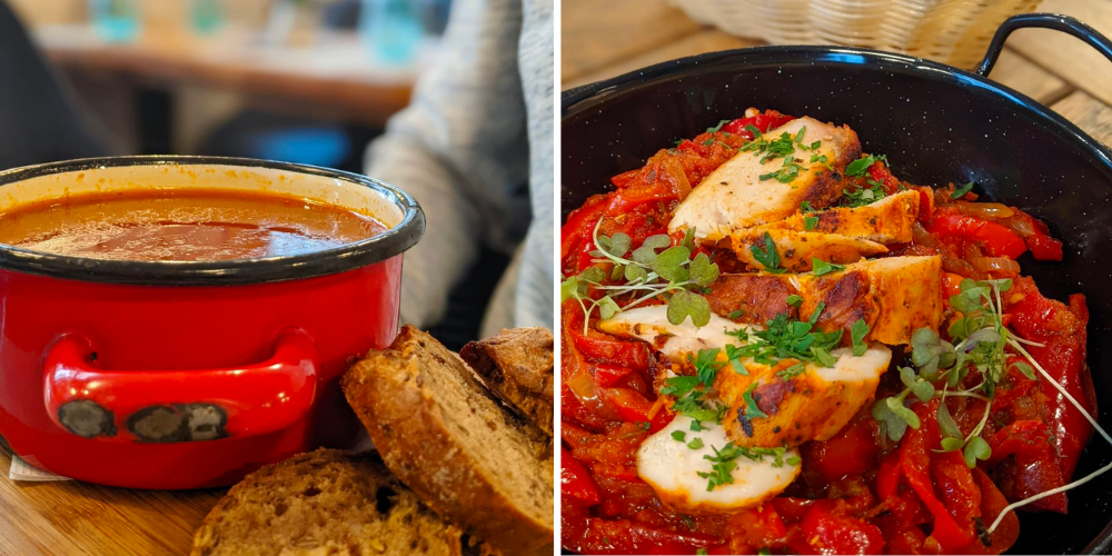Two images. A pot of goulash. A pan of shakshouka topped with chicken pieces.