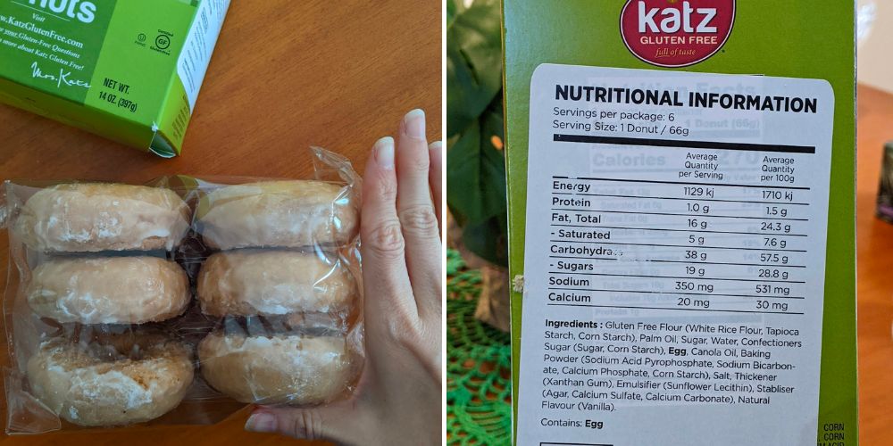 Two images. Scale picture of donuts against a hand. A photo of the ingredients on the box.