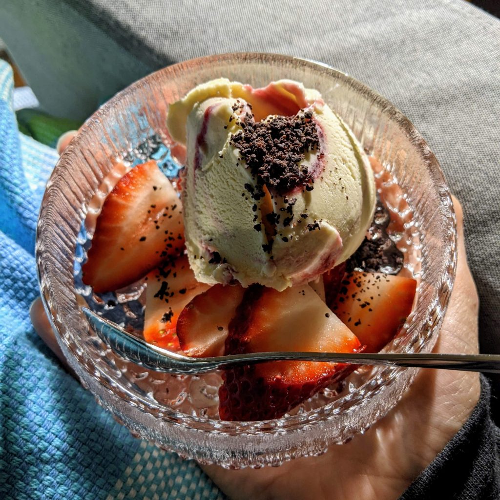 Ice cream and strawberries in an Iittala bowl.