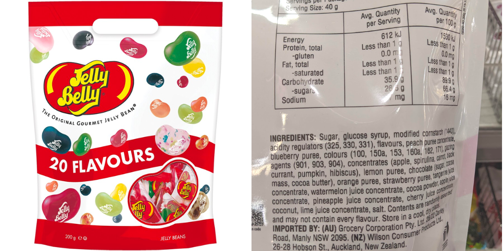 Jelly Belly packaging which lists zero gluten detected. 