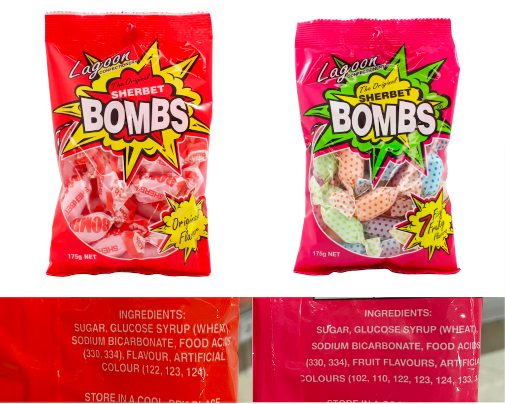 Photos of original and mixed sherbet bombs including photos of the ingredients showing they are gluten free.