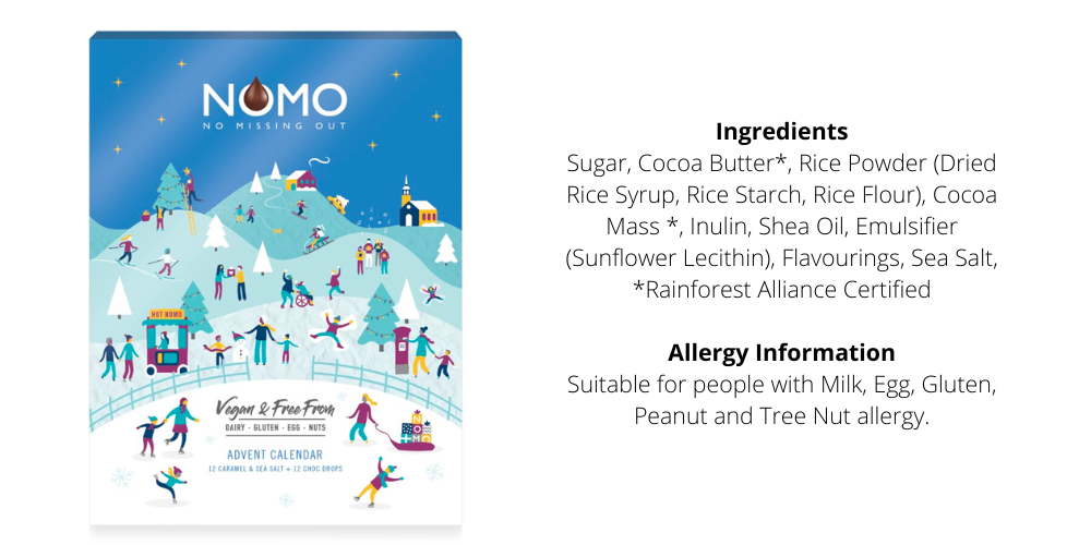 NOMO advent calendar and list of ingredients that show it is gluten free, dairy free, and free from egg, peanut and tree nuts.