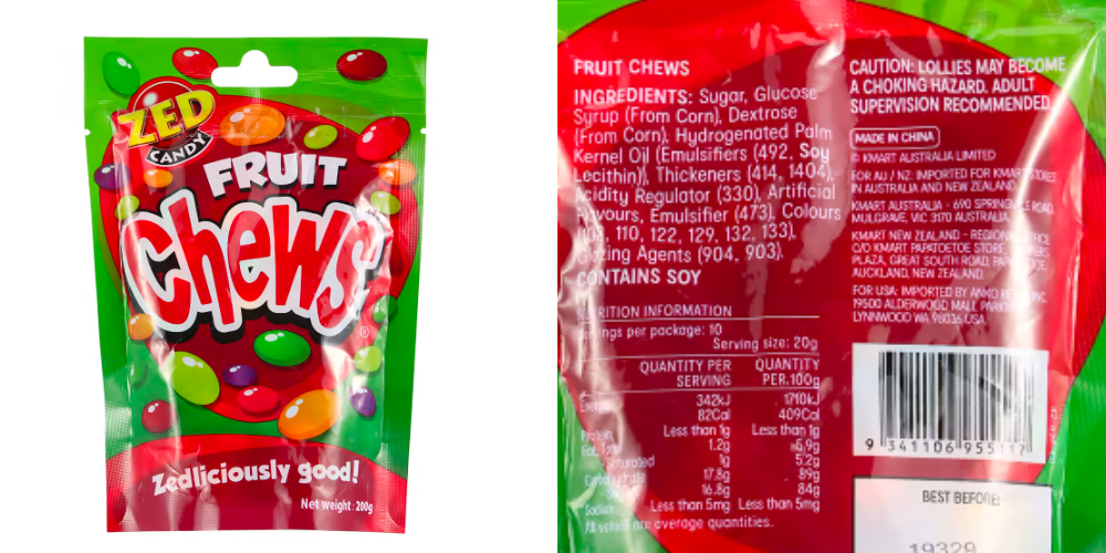 ZED fruit chews from kmart showing ingredients that are gluten free.
