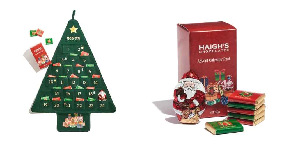 Haigh's gluten free advent calendar, a green fabric calendar in a tree shape. Next to it is a box of just the chocolates to make your own kit.