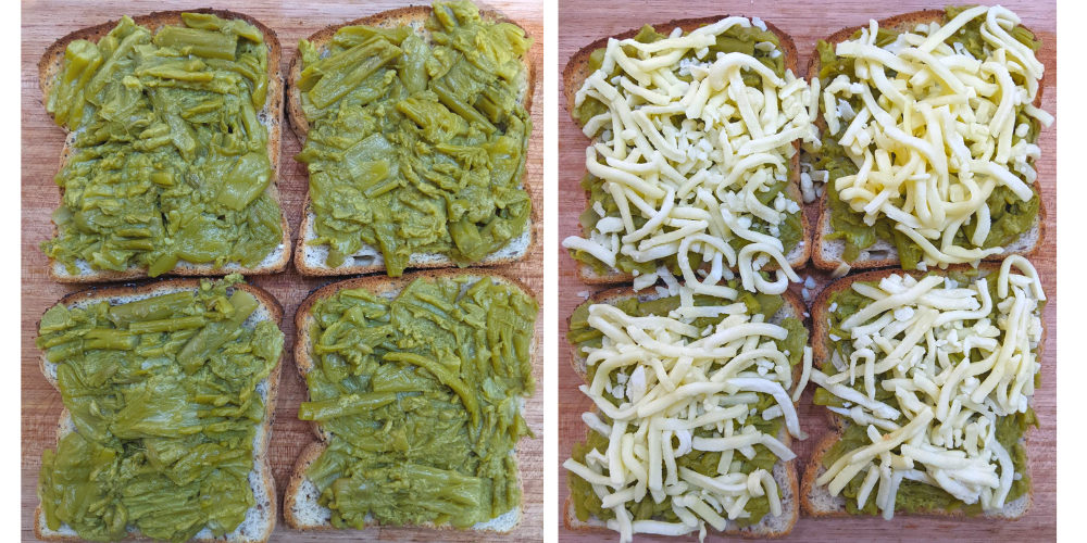 Prepration photos. Four slices of bread with asparagus pieces mashed onto them. the second photo shows the same slices covered in cheese ready for the grill.