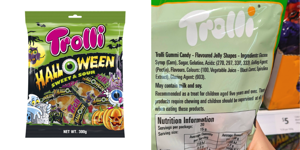 Trolli sweet and sour showing ingredients that are gluten free. 