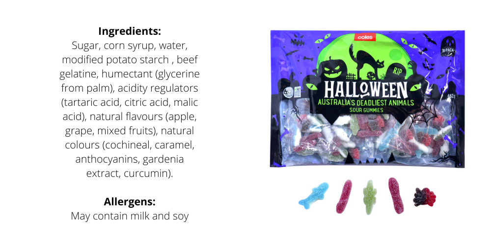 Halloween Australia's deadliest animals and ingredients, no allergens but may contain milk and soy.
