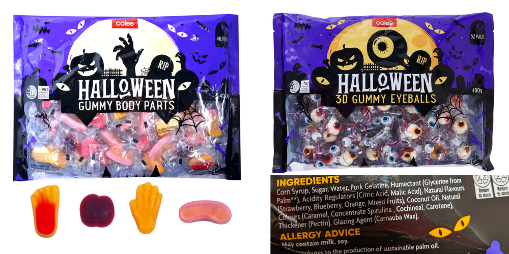 Halloween lollies exclusive to Coles. Body parts and eyeballs, ingredients to show they are gluten free and allergen free.