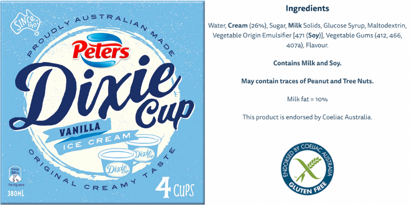 Photo of Dixie Cup box of ice creams and list of ingredients showing that it is gluten free.