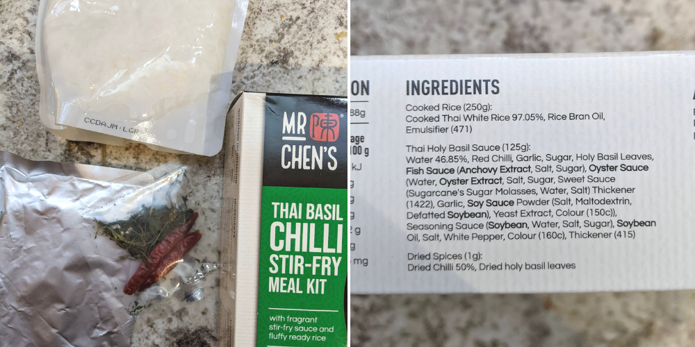 Mr Chen's Thai basil chilli contents and ingredients list.