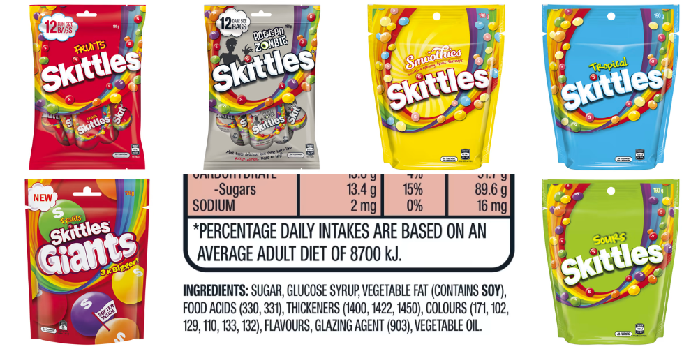Six varieties of skittles lollies displayed and a list of ingredients showing they are gluten free.