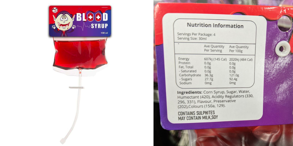 An IV bag containing a red syrup to look like blood. Ingredients show it is gluten free.