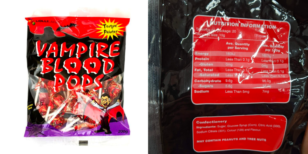Vampire blood pops and nutrition label. 