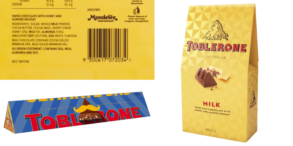 Toblerone packages and ingredients displayed to show they are gluten free