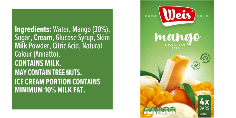 Weis mango ice cream packet showing it is labelled gluten free. Ingredients show it contains milk and may contain tree nuts. 