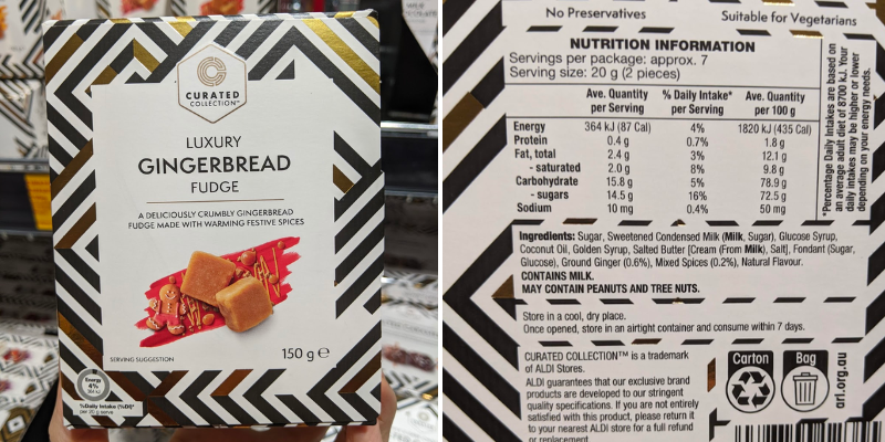 Aldi gingerbread fudge packaging and ingredients to show it is gluten free. 