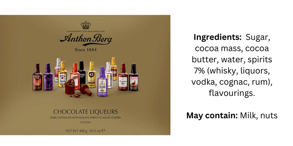 Anthon Berg chocolate liqueurs packaging and ingredients