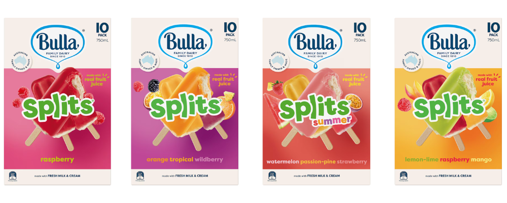 Packaging for four flavours of splits as per list above.