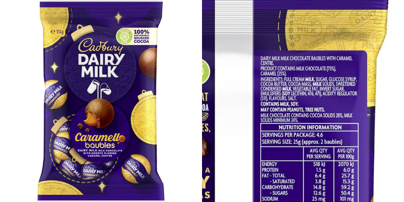 Cadbury caramello baubles packaging with ingredients list to show they are gluten free by ingredient.