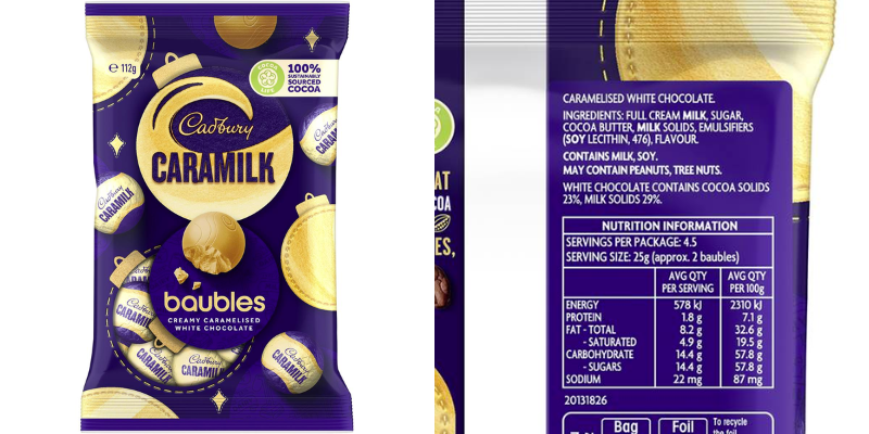 Cadbury caramilk baubles packaging with ingredients list to show they are gluten free by ingredient.