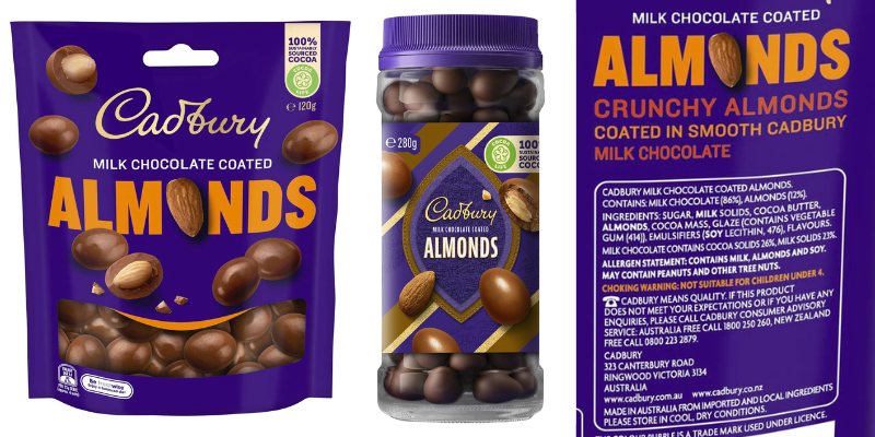 Cadbury chocolate almond packaging with ingredients list to show they are gluten free by ingredient.