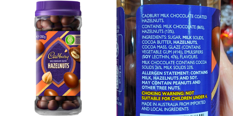 Cadbury chocolate hazelnut packaging with ingredients list to show they are gluten free by ingredient.