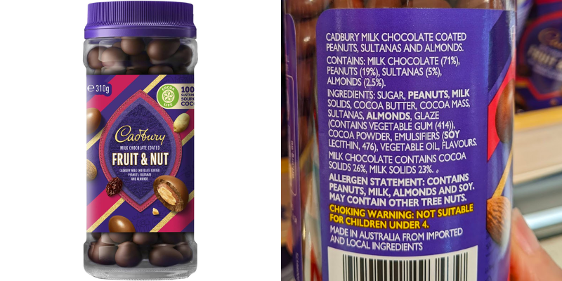 Cadbury christmas chocolate fruit and nut packaging with ingredients list to show they are gluten free by ingredient.