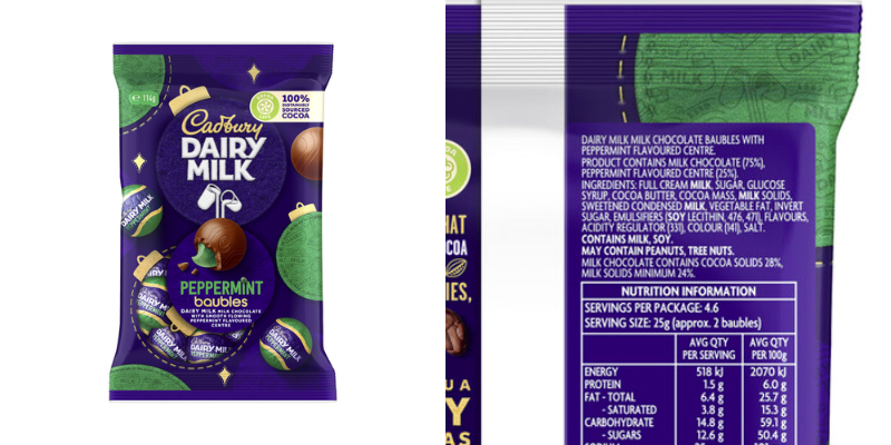 Cadbury mint chocolate baubles packaging with ingredients list to show they are gluten free by ingredient.