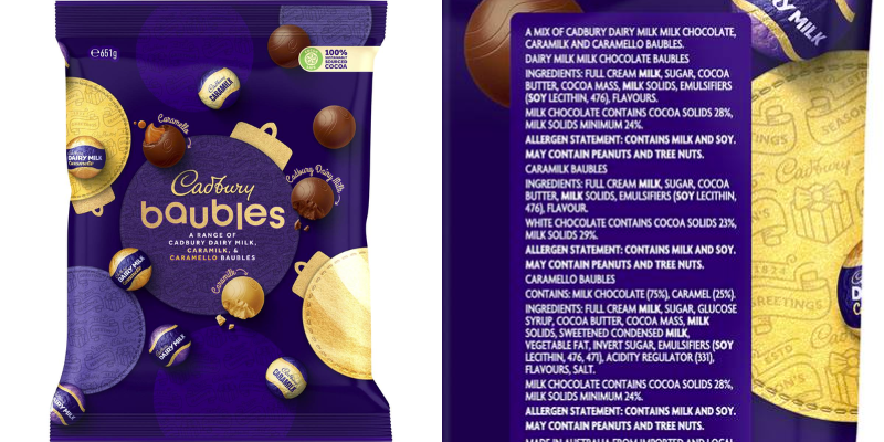 Cadbury mixed baubles packaging with ingredients list to show they are gluten free by ingredient.