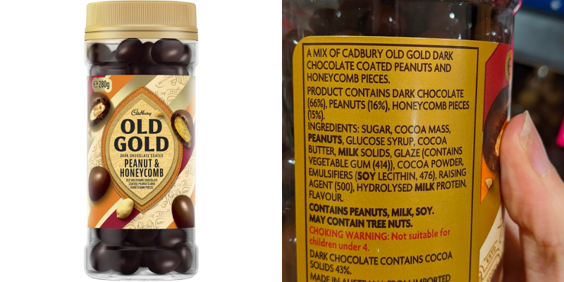 Cadbury old gold peanut and honeycomb packaging with ingredients list to show they are gluten free by ingredient.