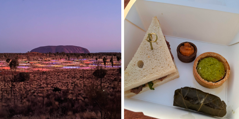 Two photos. Uluru at sunset and a small box with four gluten free canapes. 