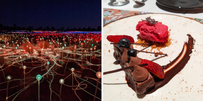 Two photos. A field of hundreds of lights in the darkness. A plate with a chocolate dessert and pink sorbet.