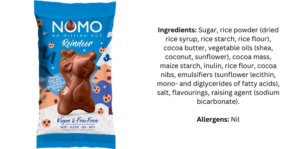 NOMO reindeer packaging and written out ingredients to show it is free from all allergens. 